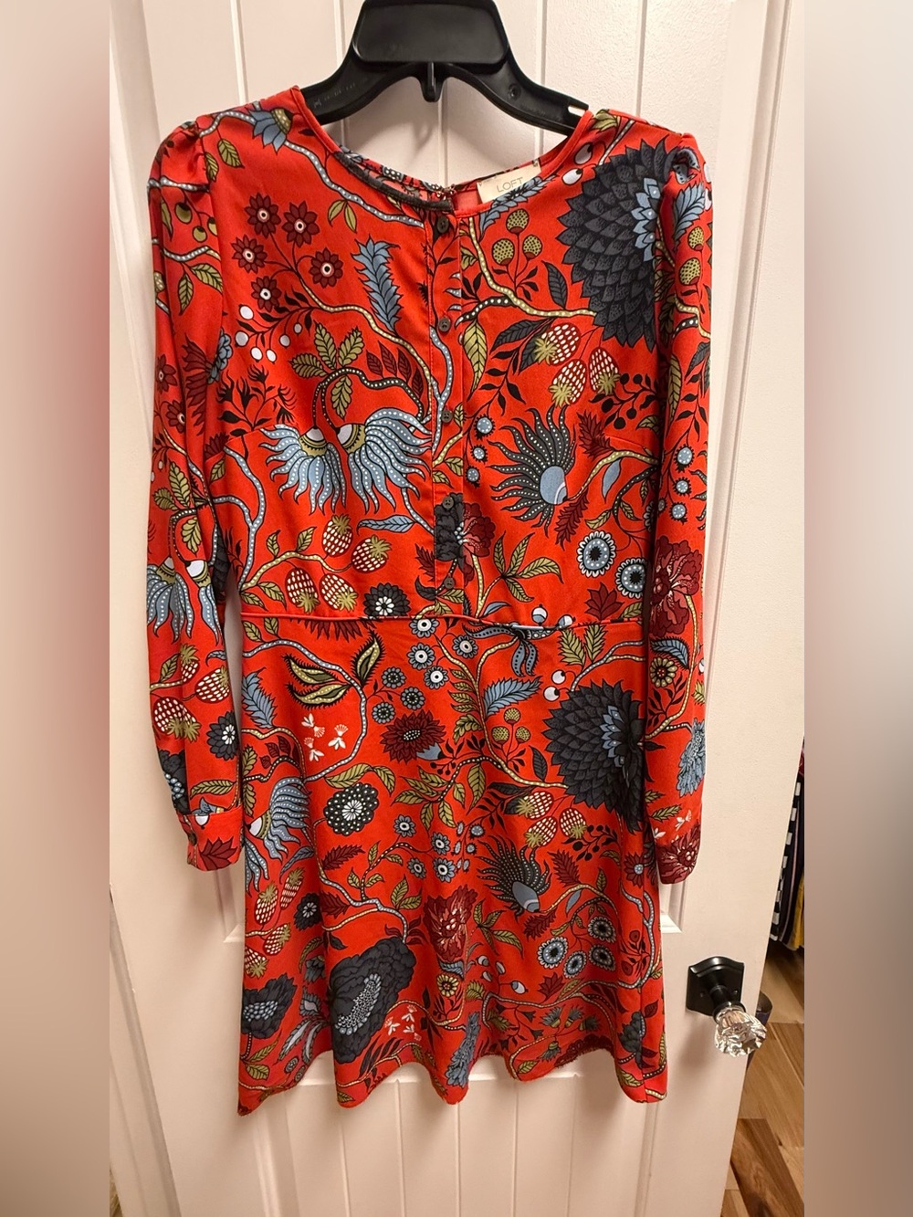 LOFT Size 4 Red Botanical Floral Long Sleeve Fit & Flare Dress NWOT